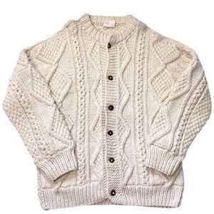 MONKEY BUSINESS Mens Cream 100% Wool Cable Knit Cardigan Sweater Handmade -L/XL